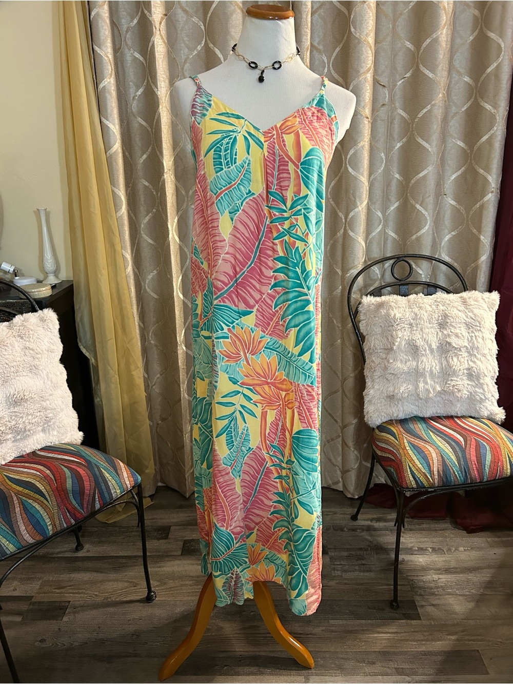 Kenny Flowers Tropical Slip Maxi Dress in Yellow, Pink & Teal